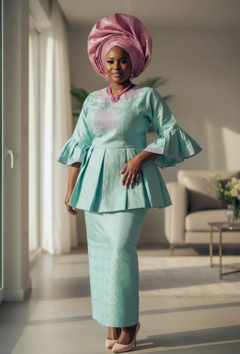 Kristin Mint‑Green African Brocade Peplum Top and Drawstring Skirt