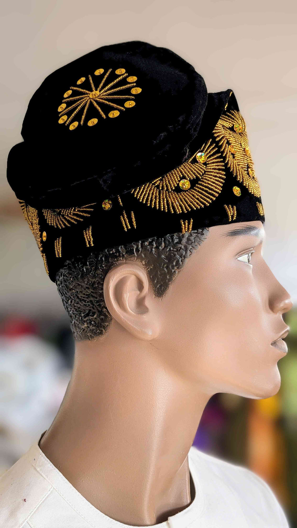 Dupsie's OriAde Black Velvet kufi cap hat with Gold embroidery and embellishments DPABGVH8