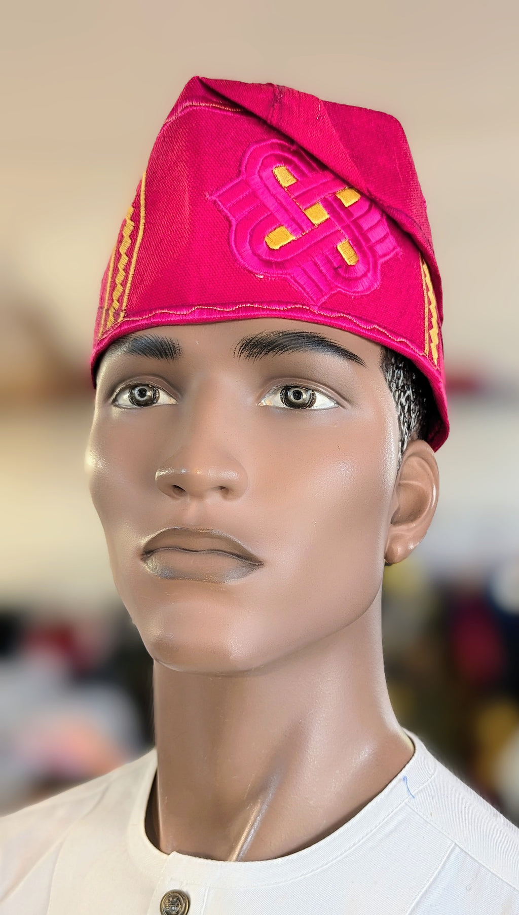 Royal Fuchsia Talaba Nigerian Aso Oke Fila Kufi Cap Hat with Gold embroidery DPAFPG3