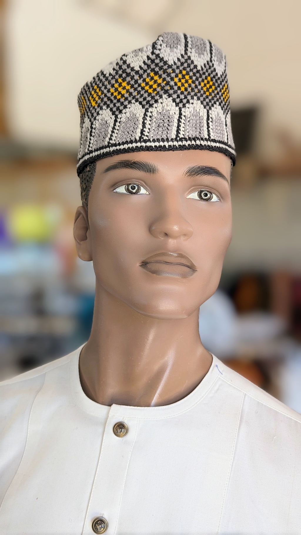 Dupsie's Off-White Grey Gold Handwoven African Mallam Gaskiya Kufi Cap Hat DPHOWGG9