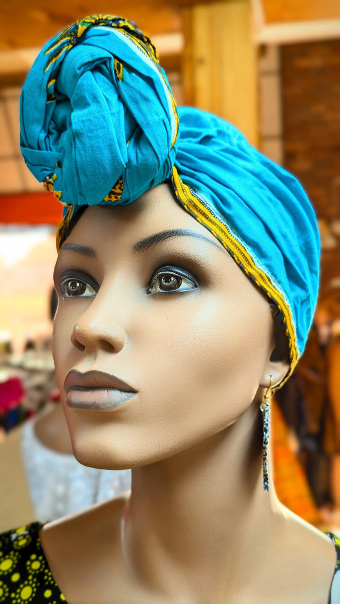 Akira Turquoise-Blue Cotton Dashiki Print Pre-Tied Head Hat