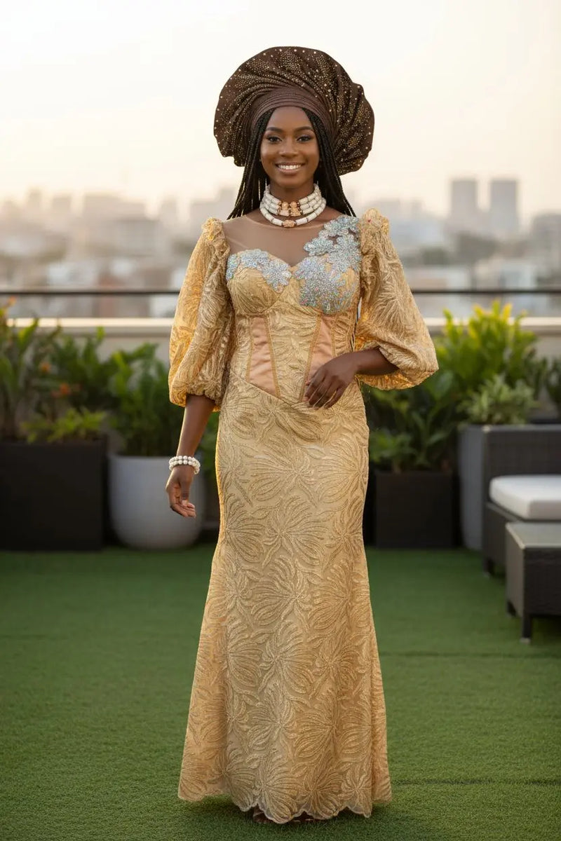 Tan Gold African Lace Corset Dress | Elegant Evening Wear