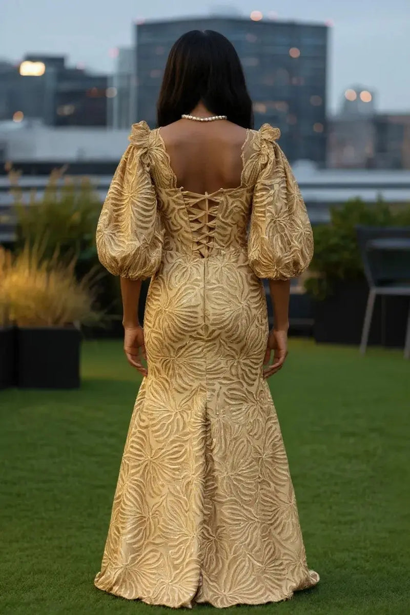 Tan Gold African Lace Corset Dress