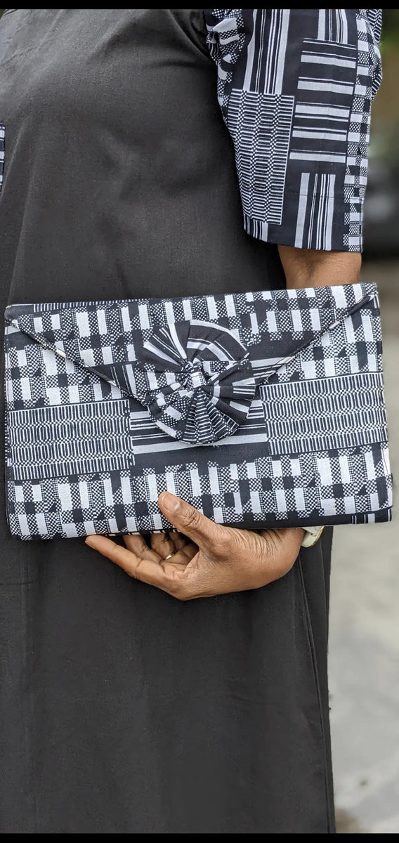 Haniah Black and White Kente Print Clutch-DPB0795CL - Dupsie's
