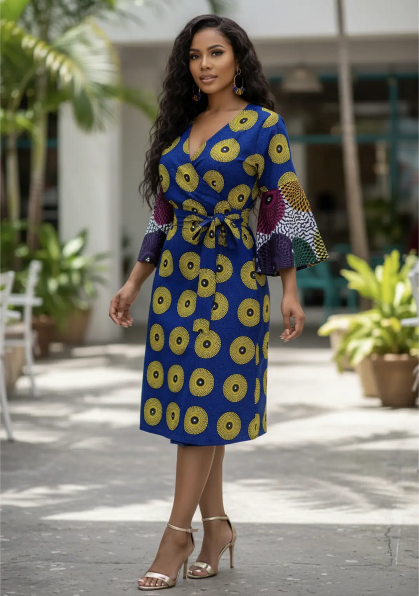 blue and yellow wrap dress Awoorin Royal-Blue and Yellow Wrap Midi Dress