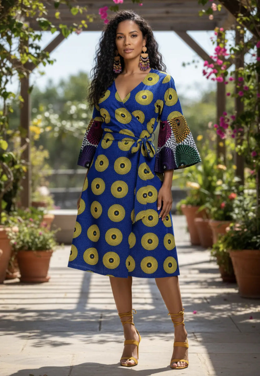 Awoorin Royal-Blue and Yellow Wrap Midi Dress | Chic African Fashion by Dupsie's DPWDBY54 | African Fashion