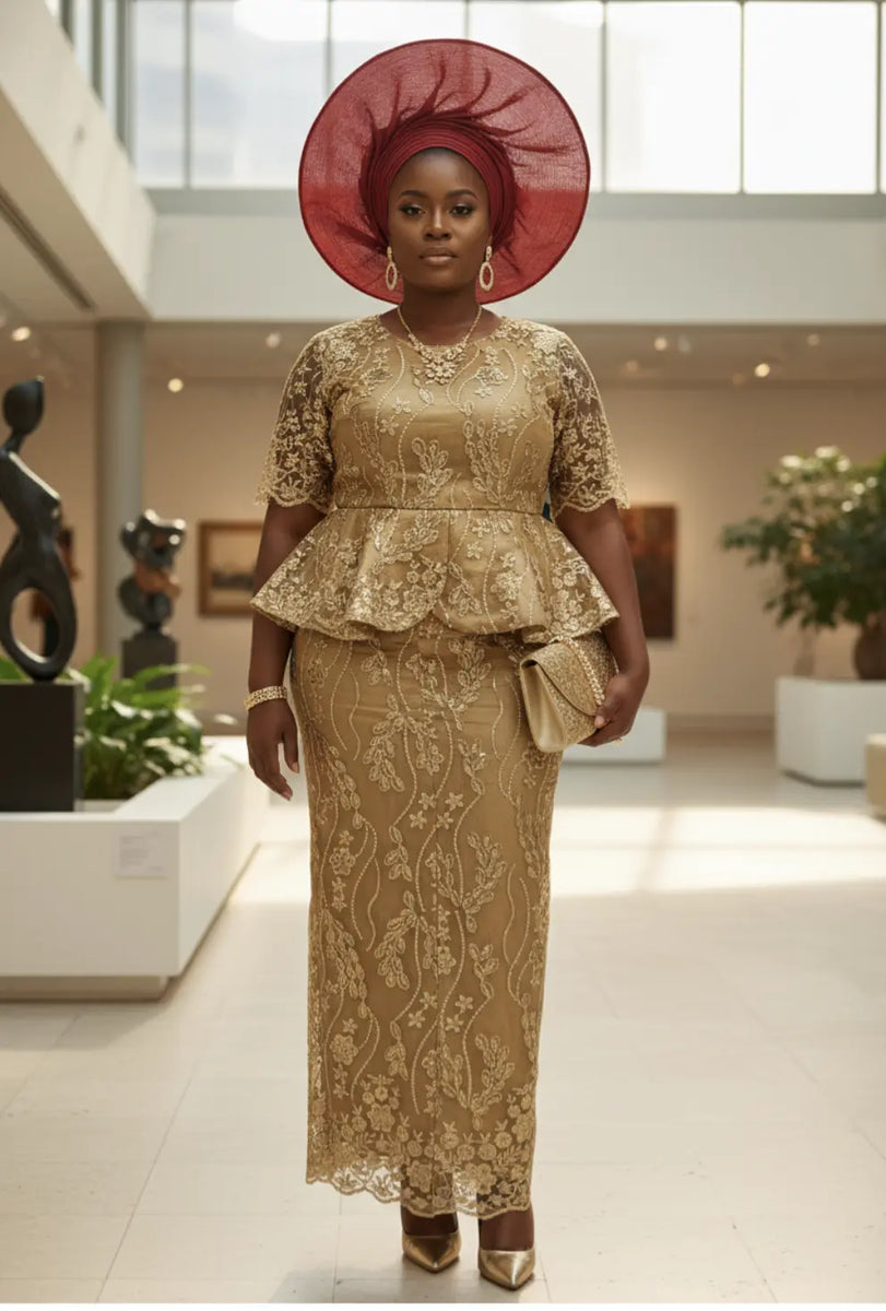 Zaraitha Gold African Net Sequins Lace Peplum Top and Flare Skirt Large(14)