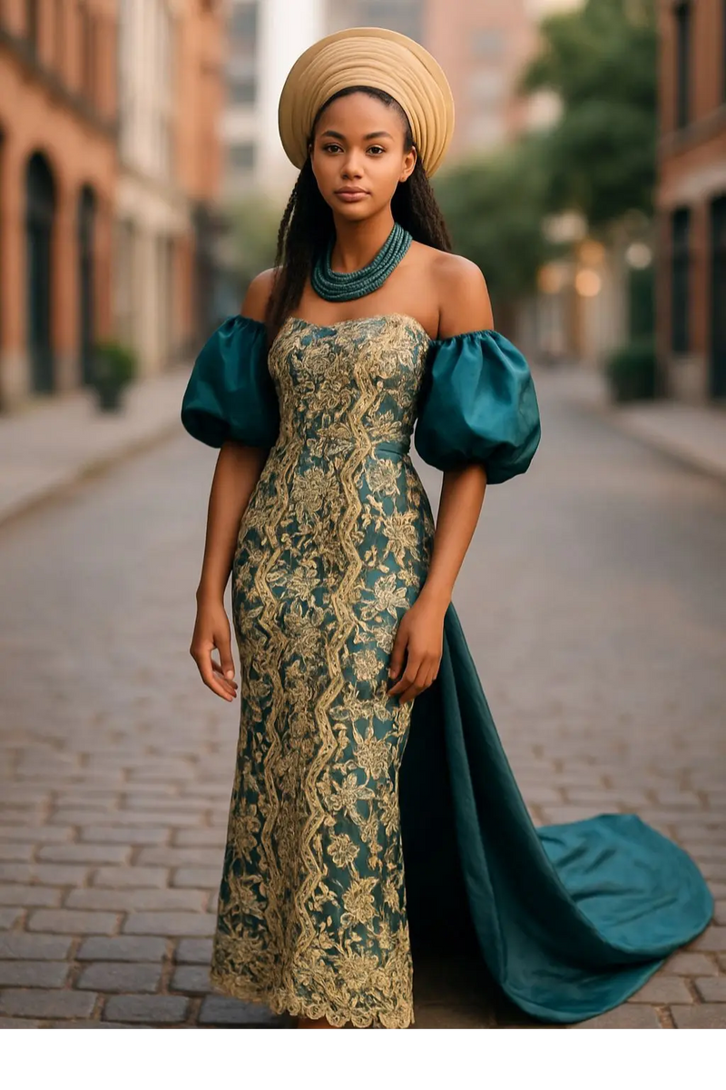 Dupsie's Nayira Grace Women's Green and Tan African Lace and Satin Dupsie's Nayira Grace Women's Green and Tan African Lace and Satin