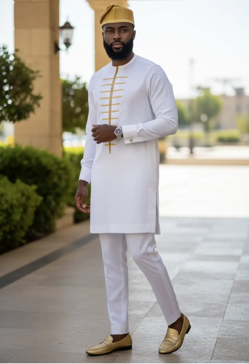 Nwosu Ivory Off-White Slim-fit African Senator Dashiki Top with Gold   Dupsie's African Fashion