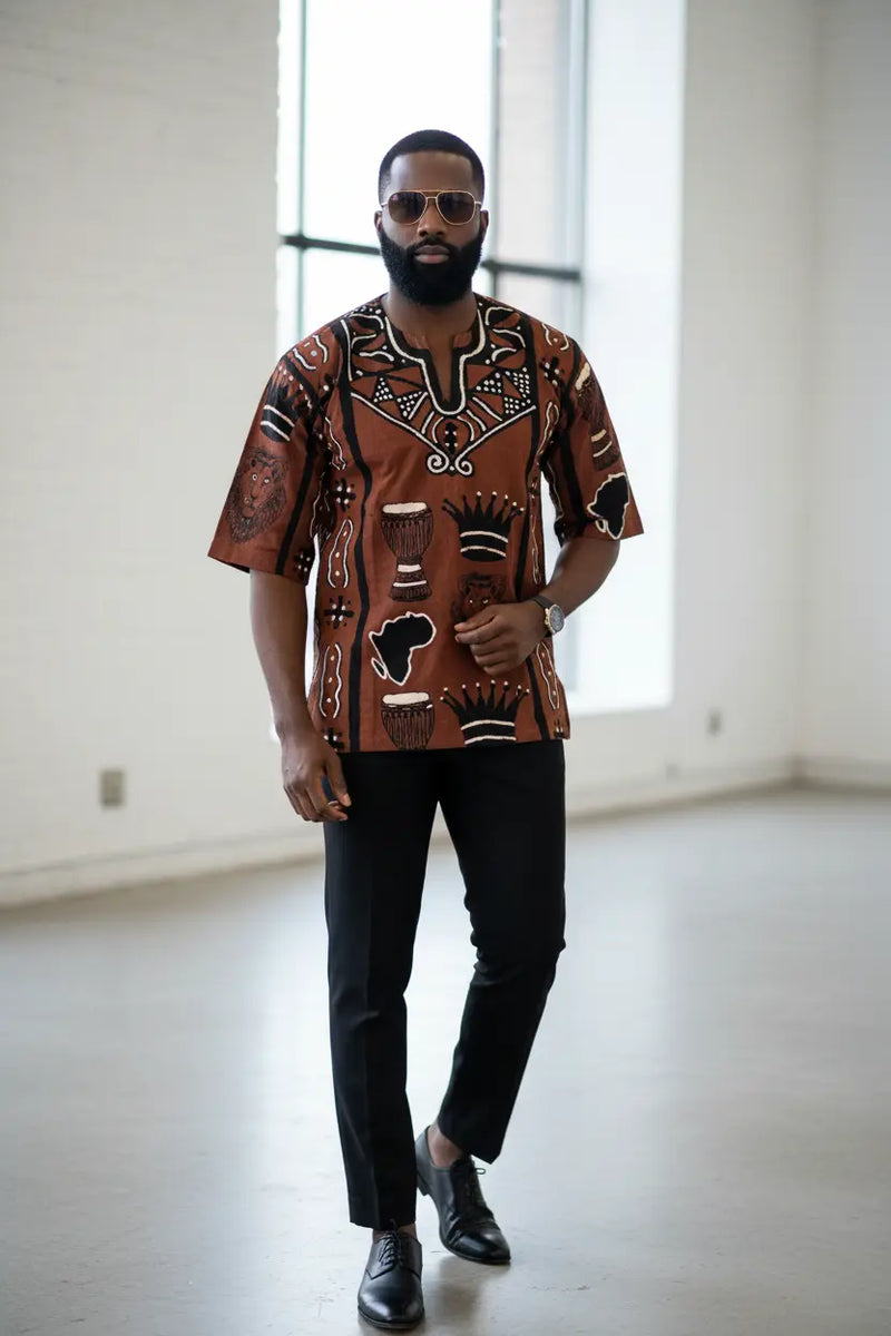 Masake Brown Bogolanfini Mud Cloth Dashiki Shirt for Men | African