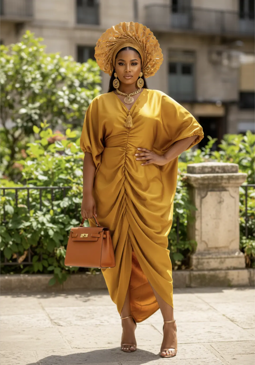 Solange Gold Satin Silk African Dress with Slit – Nigerian Wedding Gue –  Dupsie's African Fashion