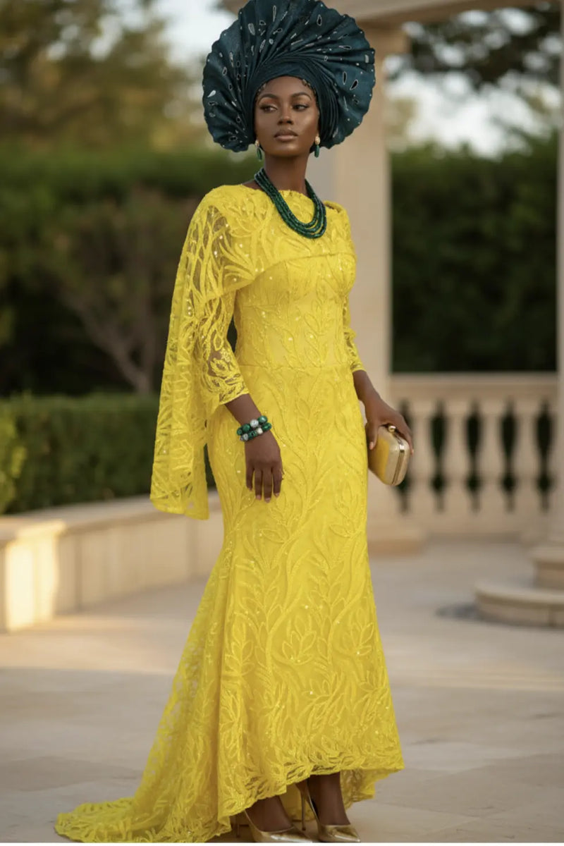 yellow asymmetrical dress Addunola Elegant Yellow Asymmetrical Neckline African Sequin Lace