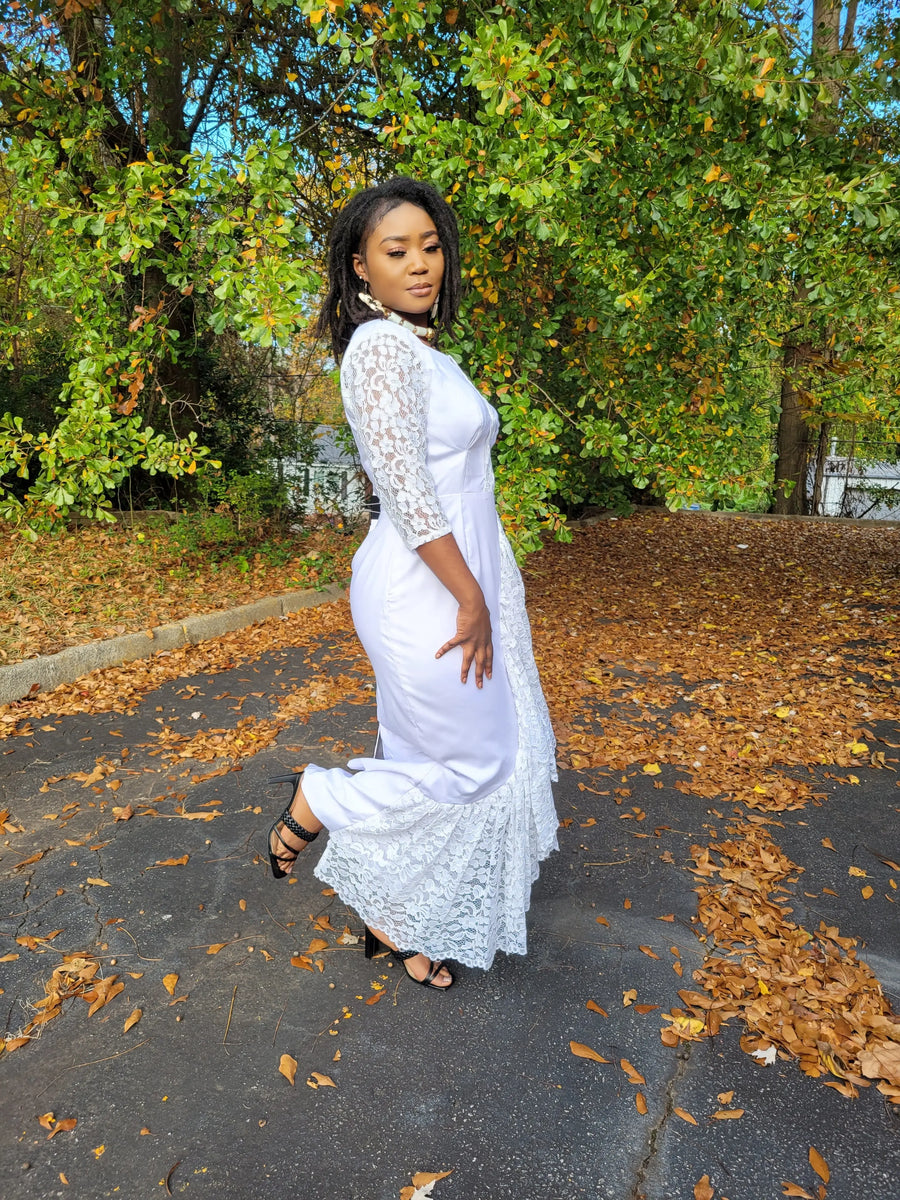 Ayabawa All White Dress with Lace Trim - DP7020 - Dupsie's Dupsie's African Fashion Ayabawa All White Dress with Lace Trim - DP7020 - Dupsie's Dupsie's African Fashion