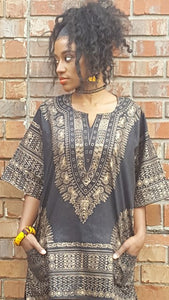 Black and Gold Traditional African Print Dashiki Shirt