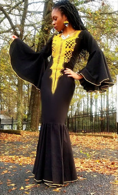 Regal Black Panther Dress with Gold Embroidery - Dupsie's