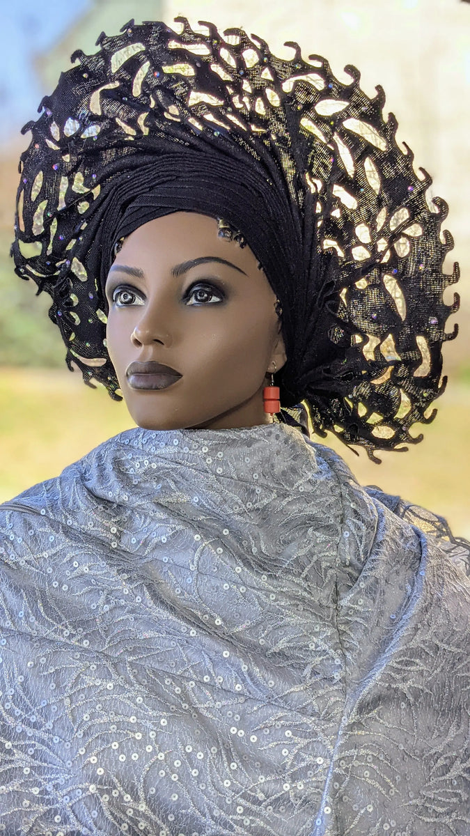 Enveloppe De Tête Africaine Autogèle - Argent Lazercut Aso Oke - Pré-attachée Avec Décor - Neuf