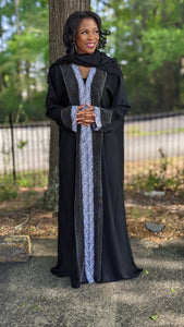 Black Silver African Abaya Dubai Kaftan Moroccan Arabic Dress with matching hijab