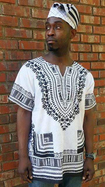 White and Black Traditional African Print Dashiki Shirt