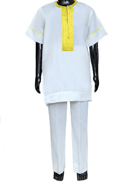 Embroidered Off-White Gold African Dashiki shirt with Pants
