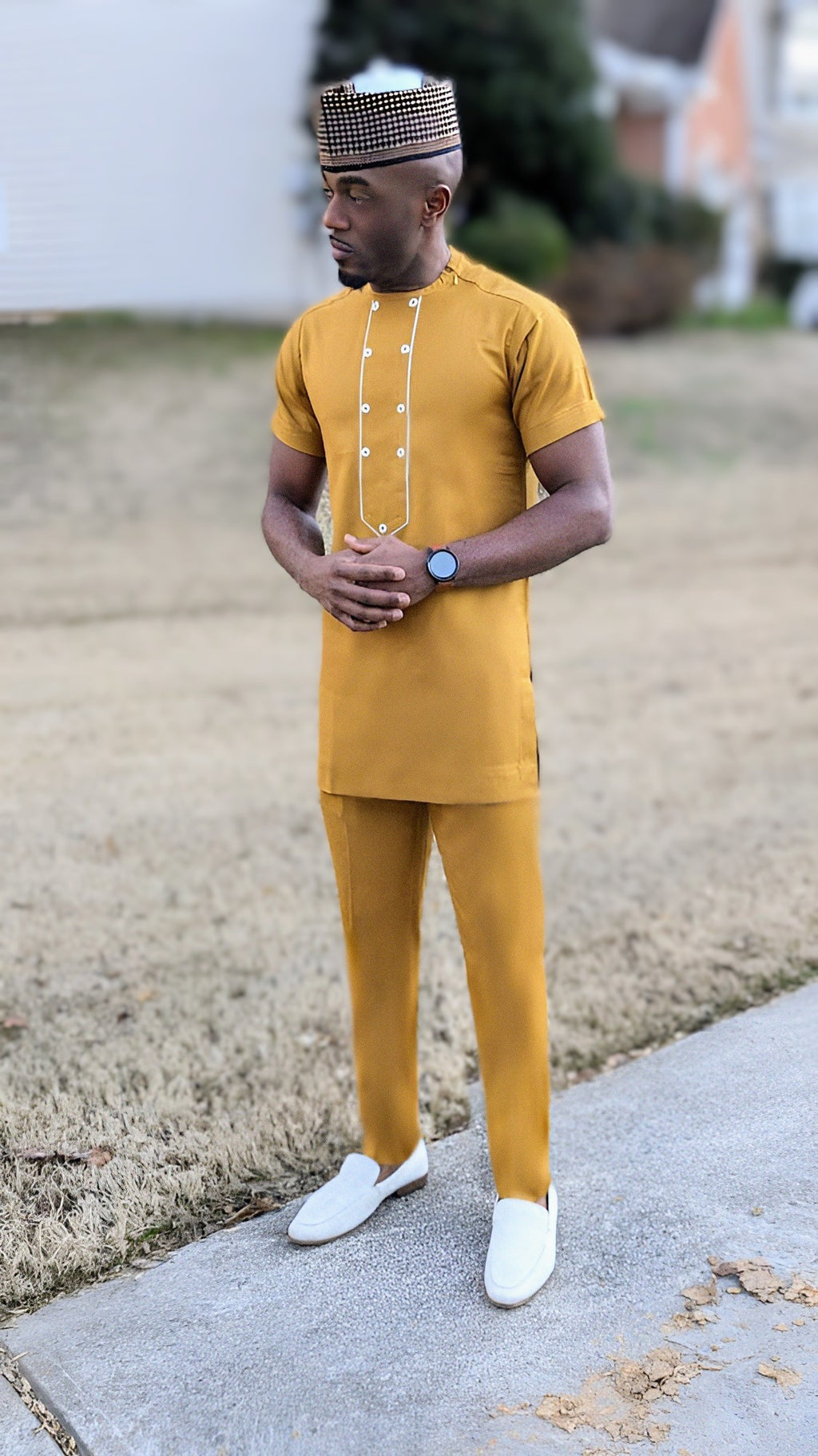 Dupsie's Obaoluwa Gold Ivory-Embroidered African Senator Dashiki Shirt and Pants Suit DPASGITP
