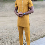 Dupsie's Obaoluwa Gold Ivory-Embroidered African Senator Dashiki Shirt and Pants Suit DPASGITP