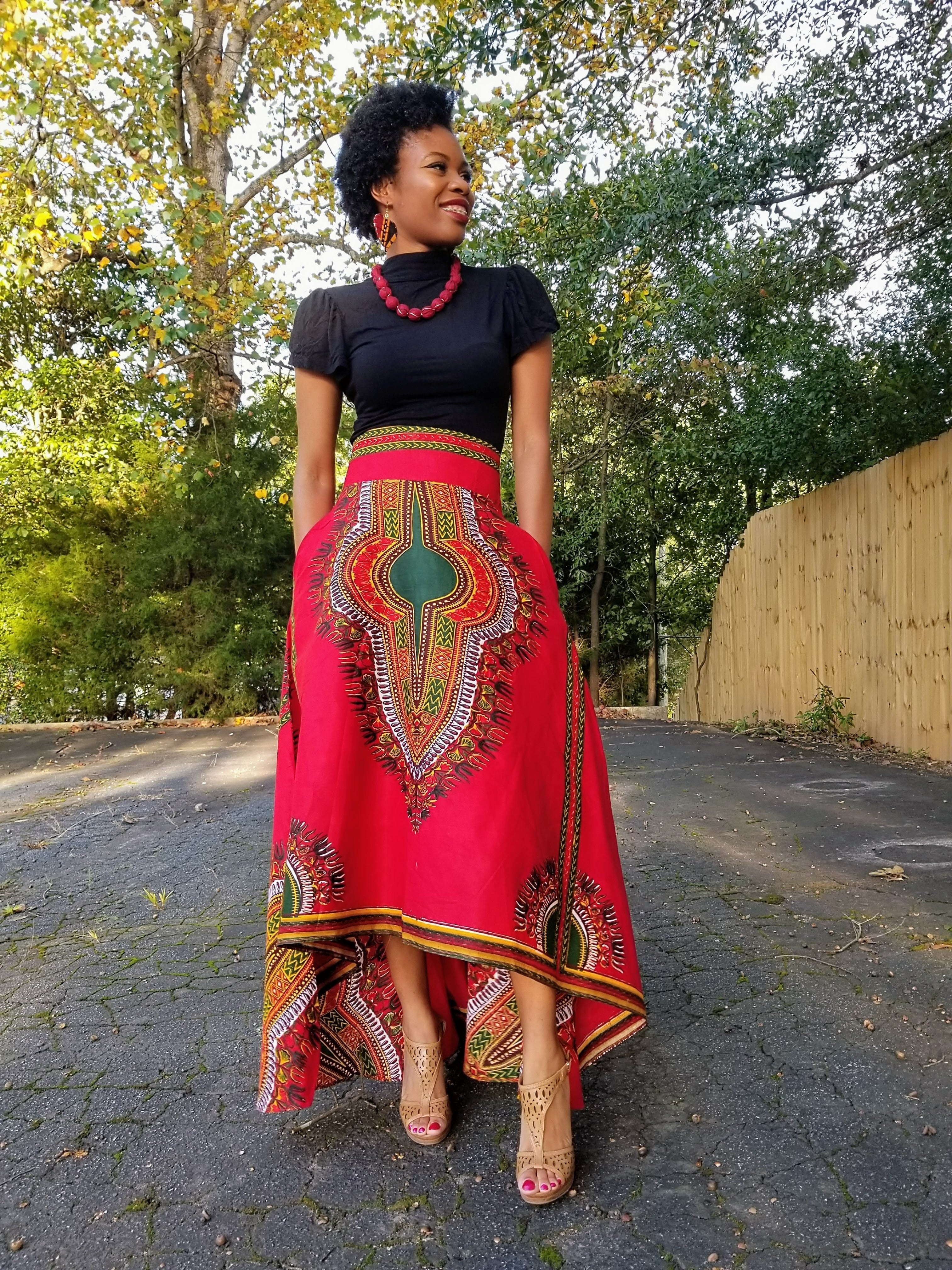 Red High Waist African Print Dashiki Skirt-DP3975HL