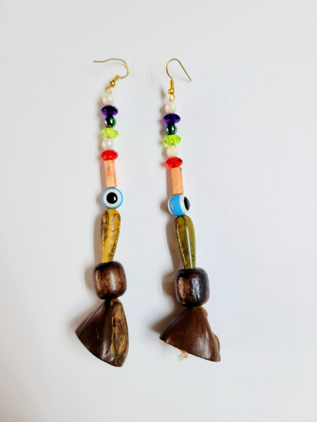 Antobam 3-inch, 3-layered African bead and wood hook earrings-DPJGE41