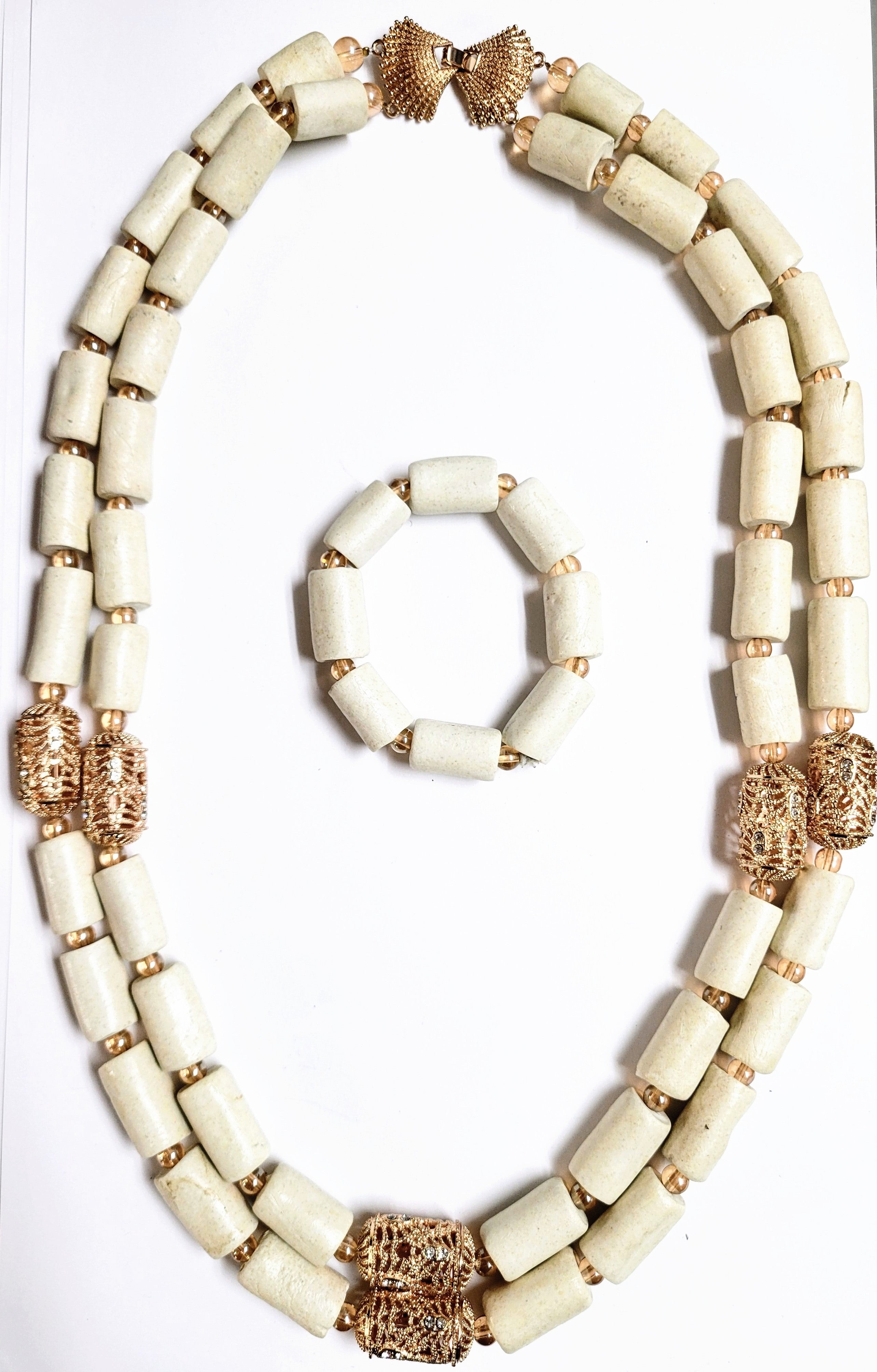 Ivory and Gold African ileke bead necklace and bracelet set-DPJIBIG5
