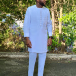 Felix Embroidered White African Senator Kaftan Dashiki Top with matching pants-DPXWSS5