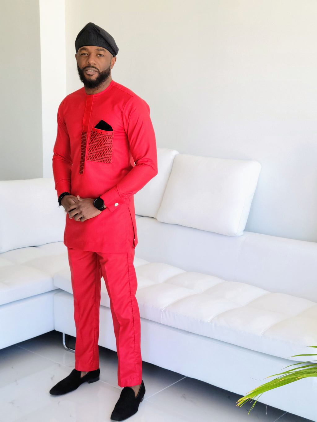 Dupsie's Akintoye Elegance Red Embroidered Dashiki Senator Shirt with plain draw string pants DPASRB43