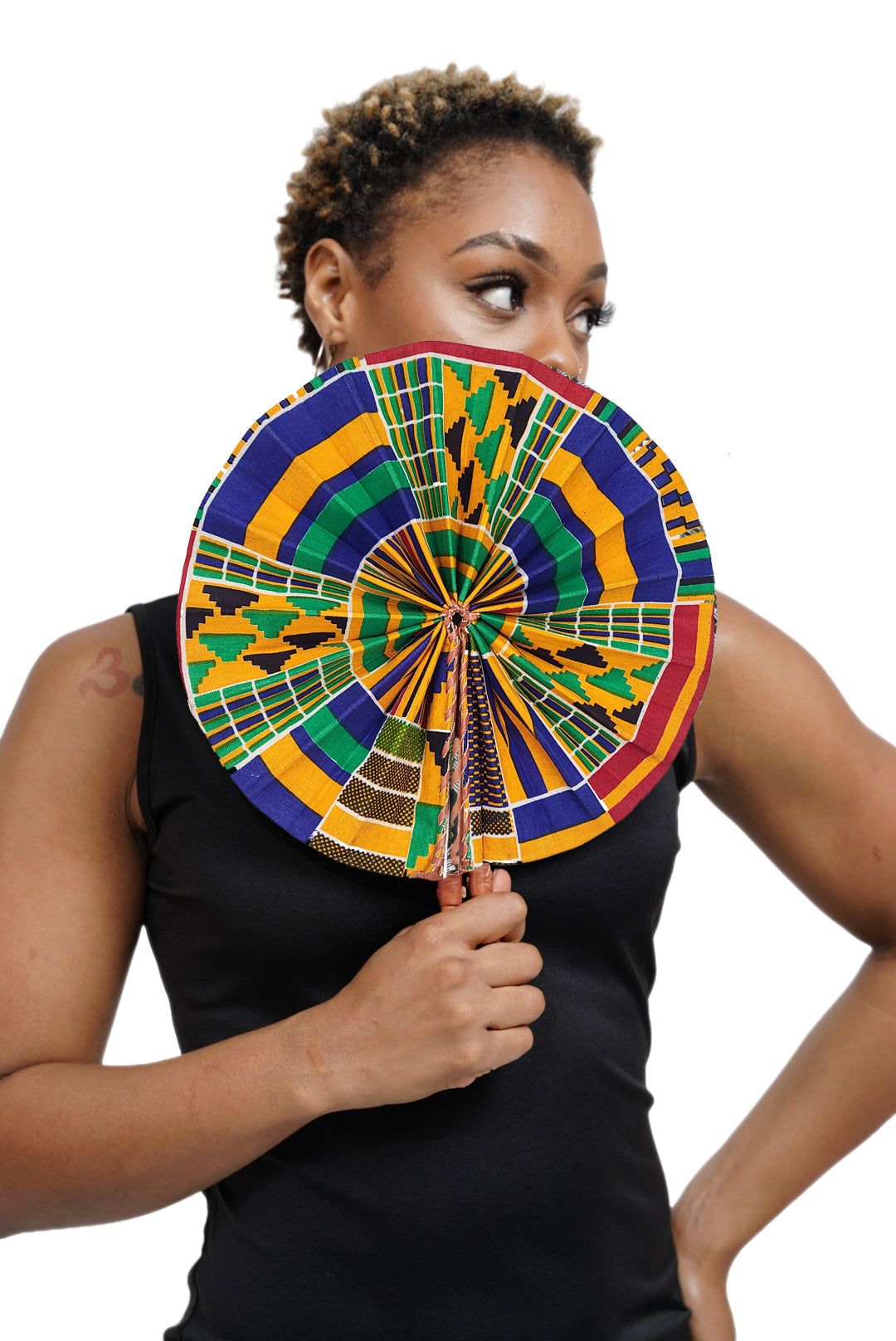 Dupsie's Afiokuma Foldable African Print Kente Hand Fan with leather handle DPPF4075
