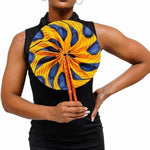 Leather handle African print fan orange blue