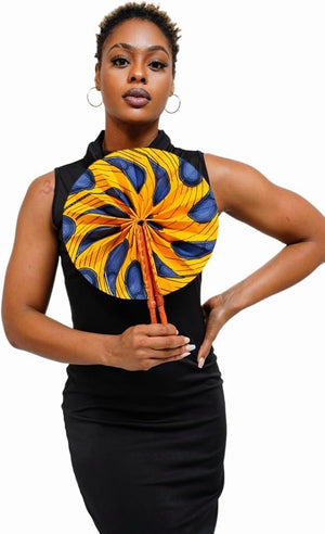 Leather handle African print fan orange blue