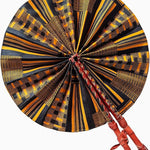 Kwasi Foldable Black and Gold African Print Ankara Kente Fan with Leather Handle DPPF4091