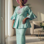 A.K.A Sorority Pink and Green Embroidered Peplum Top with matching draw string skirt by Dupsie's African fashion