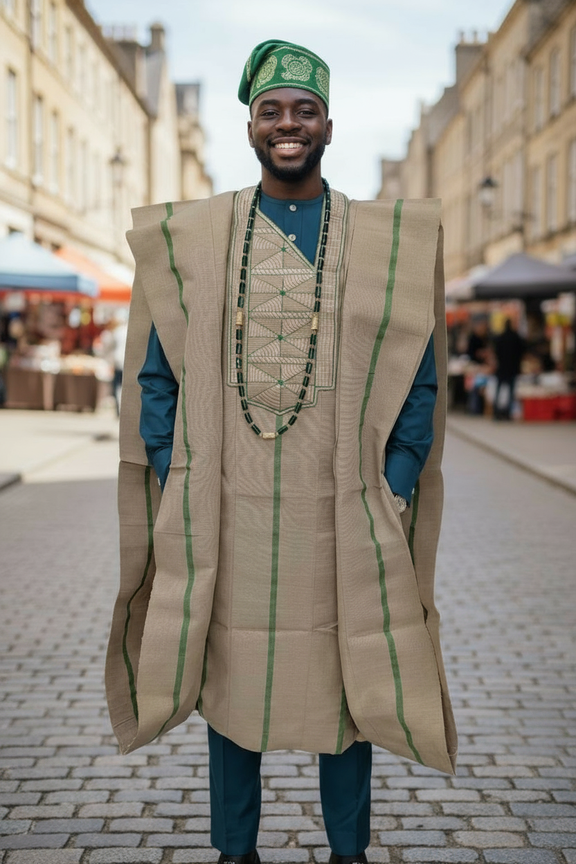Man wearing a Dupsie's African wedding fashion Aso Oke Agbada Robe over a two-piece African senator suit