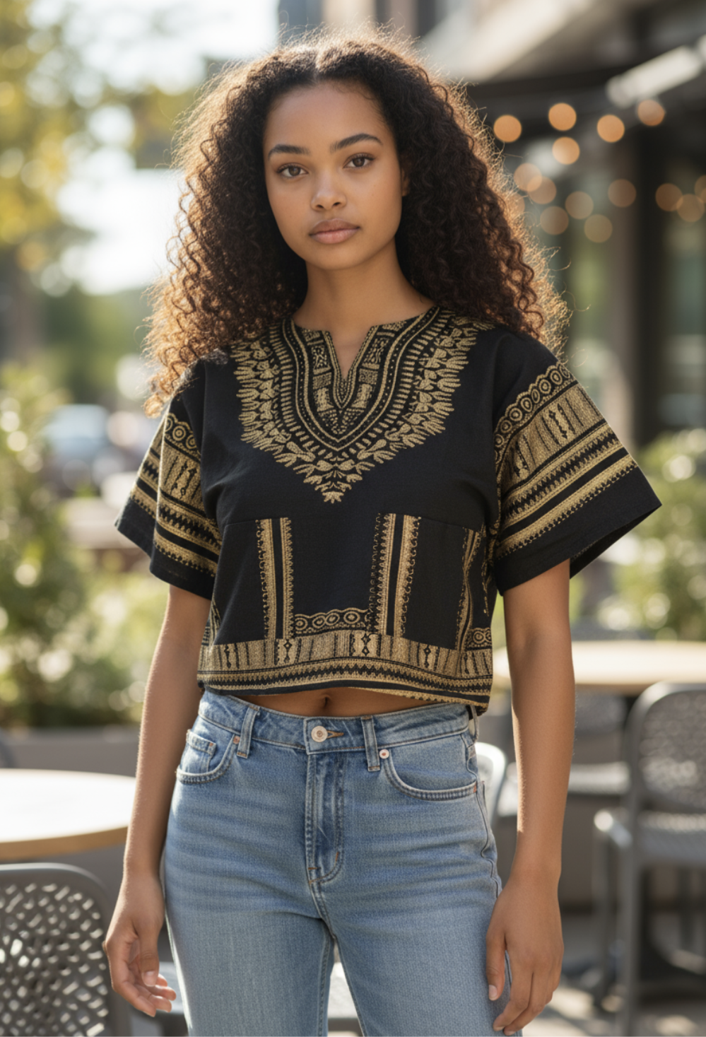 Black and Gold African print crop top by Dupsie's African Fashion, showcasing stunning fabric design