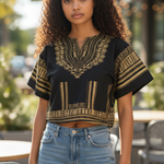 Black and Gold African print crop top by Dupsie's African Fashion, showcasing stunning fabric design