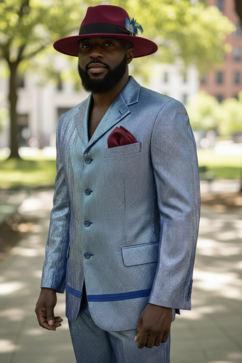 Four-button single breasted Aso Oke suit in royal blue by Dupsie’s African Fashion – African suits