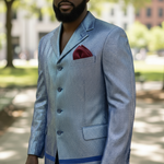 Four-button single breasted Aso Oke suit in royal blue by Dupsie’s African Fashion – African suits