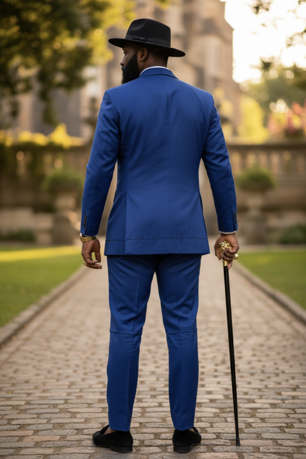 Man in a blue Aso Oke suit walking with a cane on a cobblestone path.