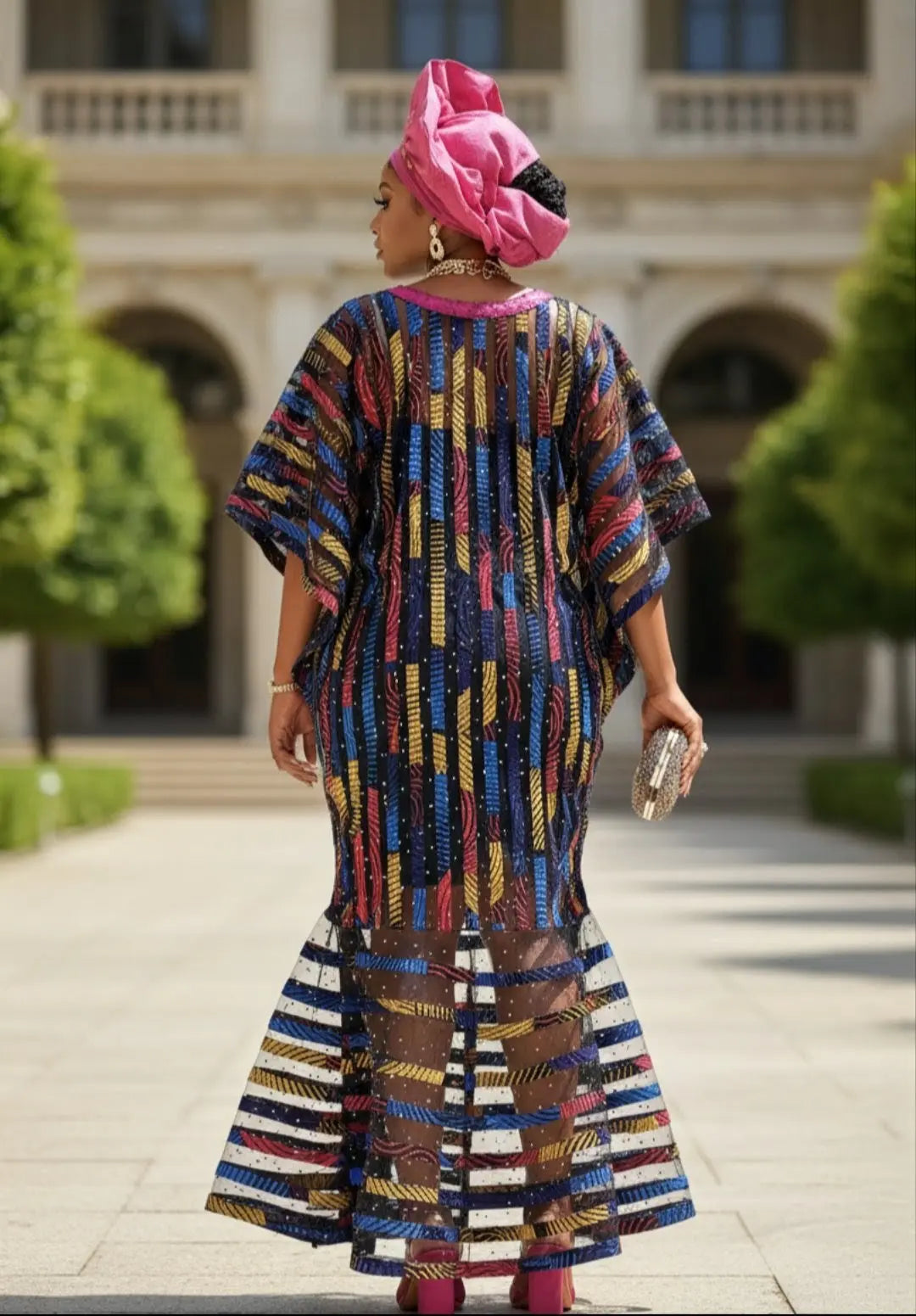 Uzoma Multicolored Patchwork African Print Caftan Dress with Fuchsia E –  Dupsie's African Fashion