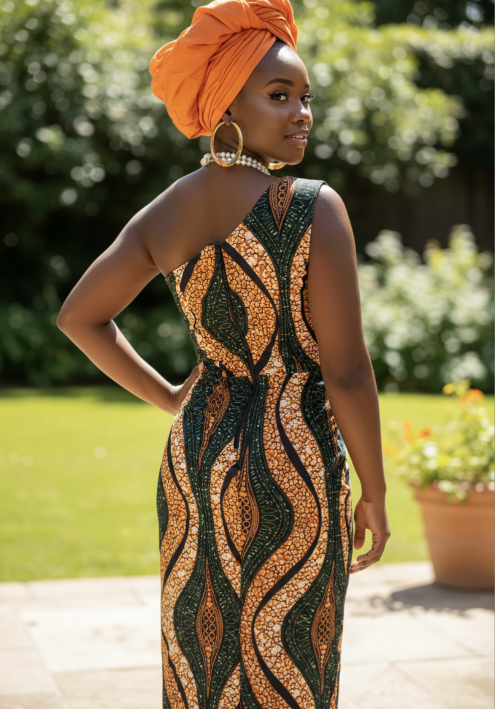 Back view of Orange and Green African print Ankara dress by Dupsie's