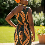 Back view of Orange and Green African print Ankara dress by Dupsie's