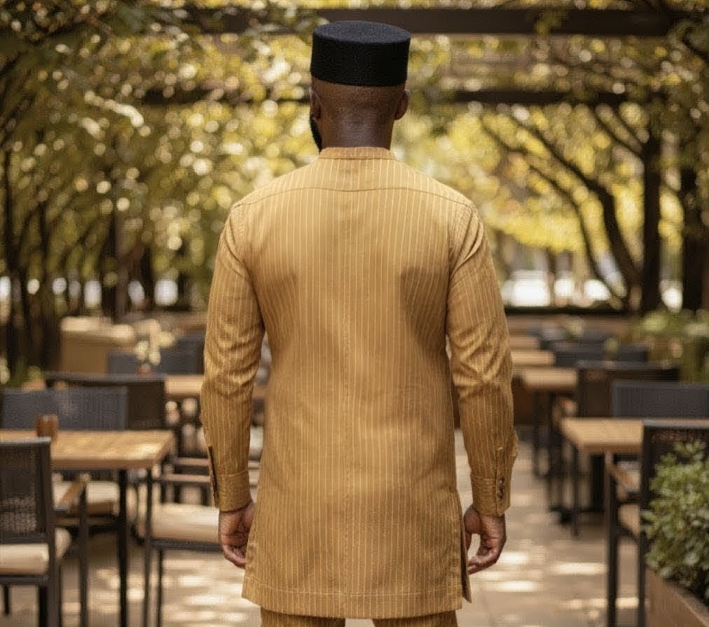 Man in a mustard-colored Dupsie's African traditional outfit walking through an outdoor setting with tables and chairs.