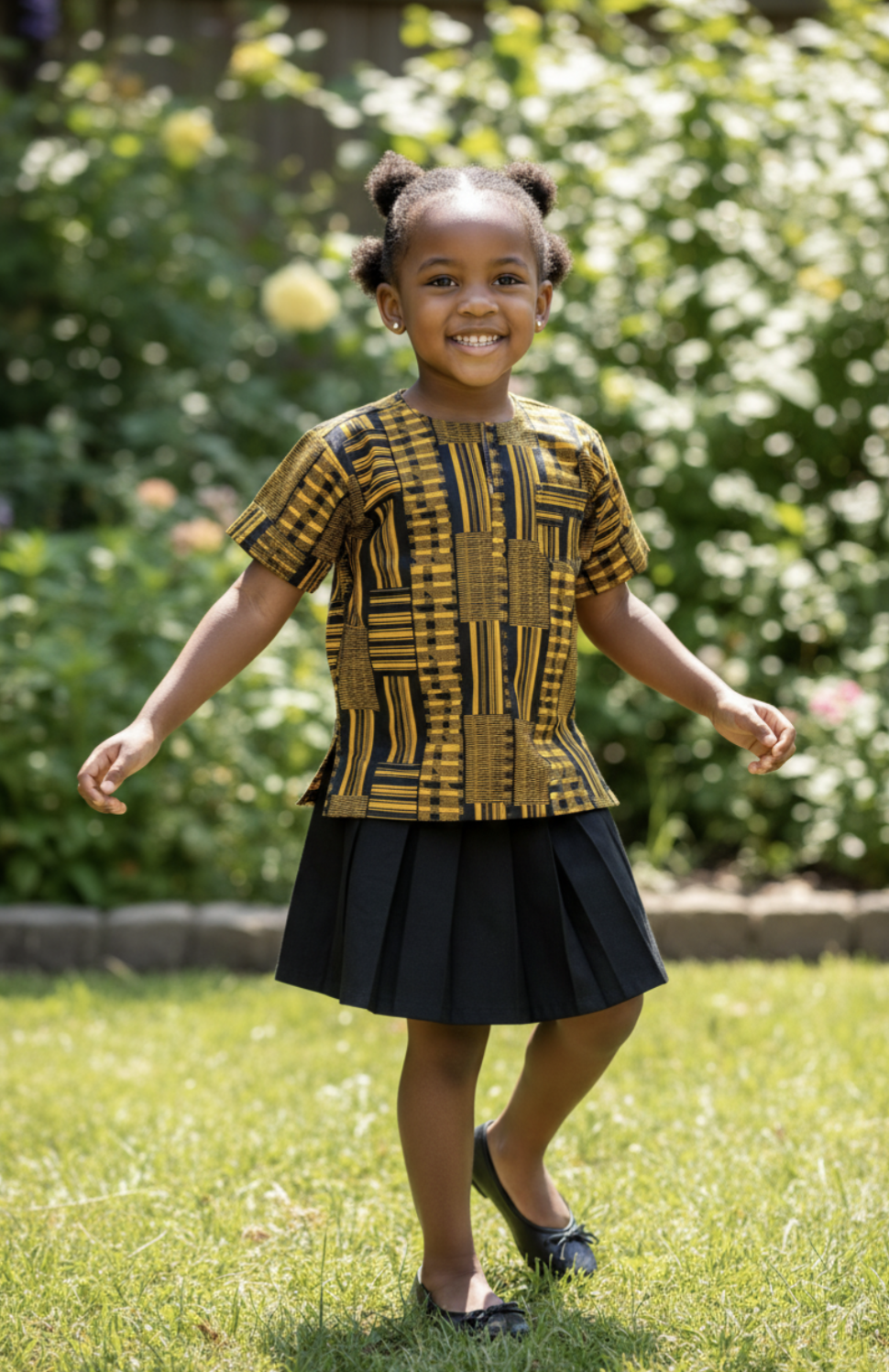 Girl wearing a patterned Kente dashiki top by Dupsie's African fashion and black skirt standing outdoors with greenery in the background