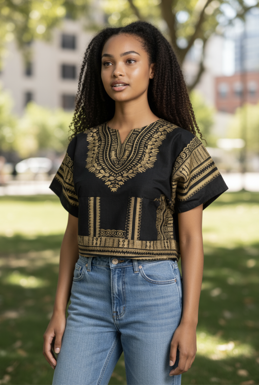 Model wearing the Ania Dashiki Elegance Crop Top, styled with accessories for an African wedding.