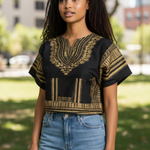 Model wearing the Ania Dashiki Elegance Crop Top, styled with accessories for an African wedding.