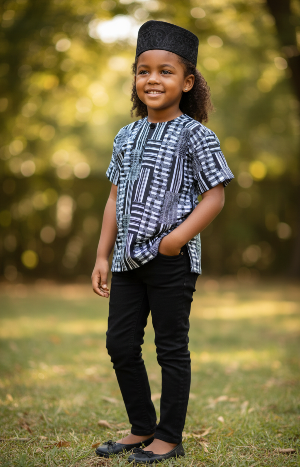 Child wearing a Black White Kente Ankara Dashiki shirt and black cap outdoors