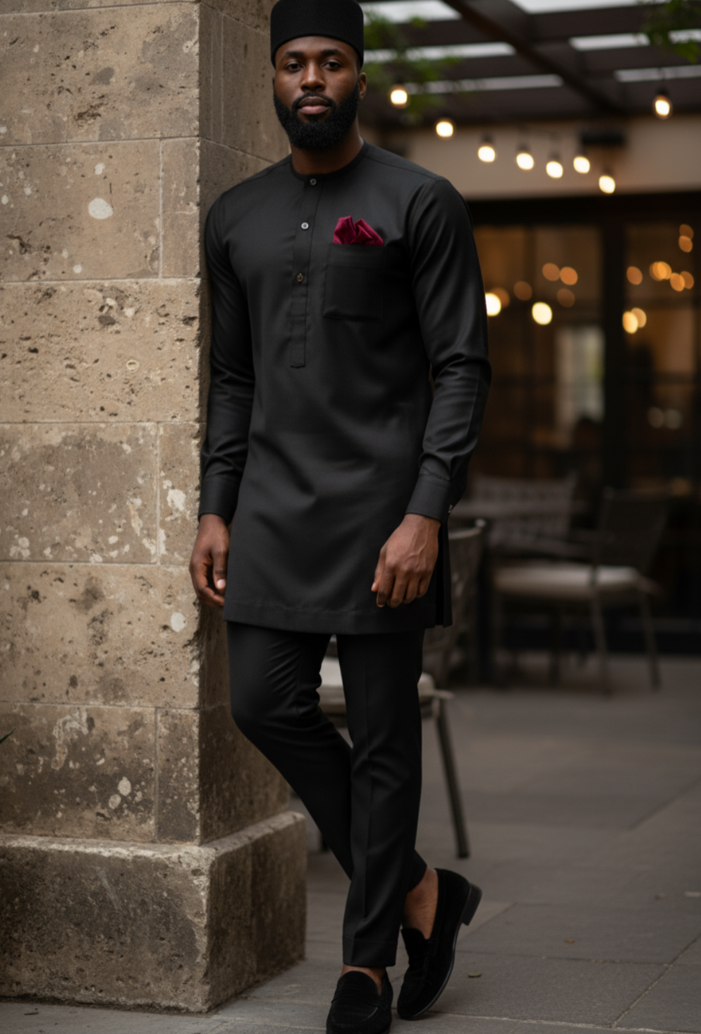 Black Drawstring Pants Comfortable Black drawstring pants matching the All Black Senator Dashiki, perfect for a stylish look